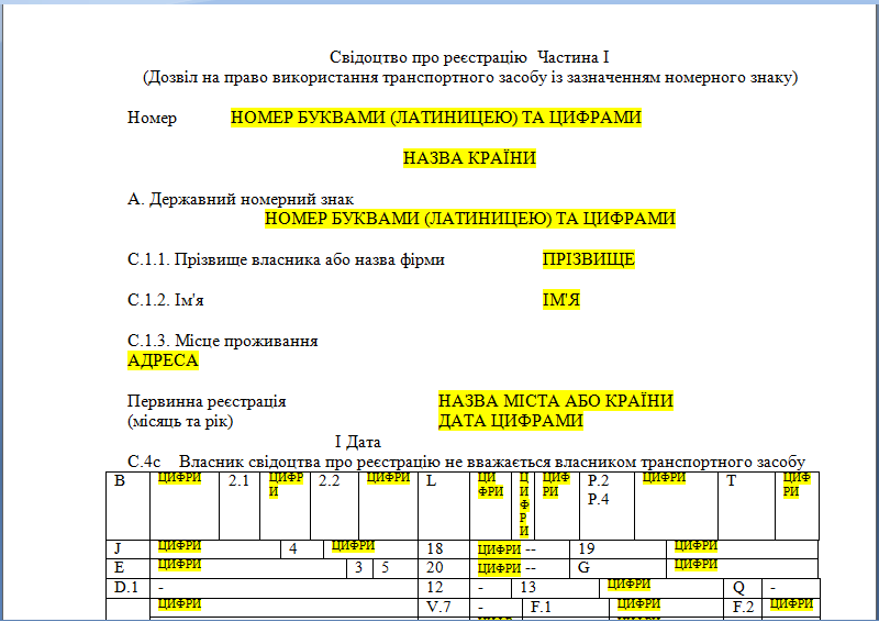 Шаблон перекладу техпаспорту на авто на українську мову.