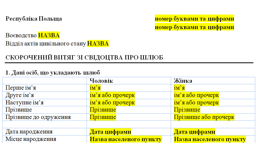 Бюро переводов Glebov выкладывает шаблон свидетельства о браке с польского языка на украинский язык. 