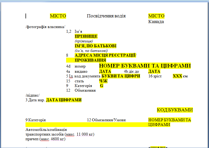 Шаблон перевода водительского удостоверения с английского языка на украинский язык